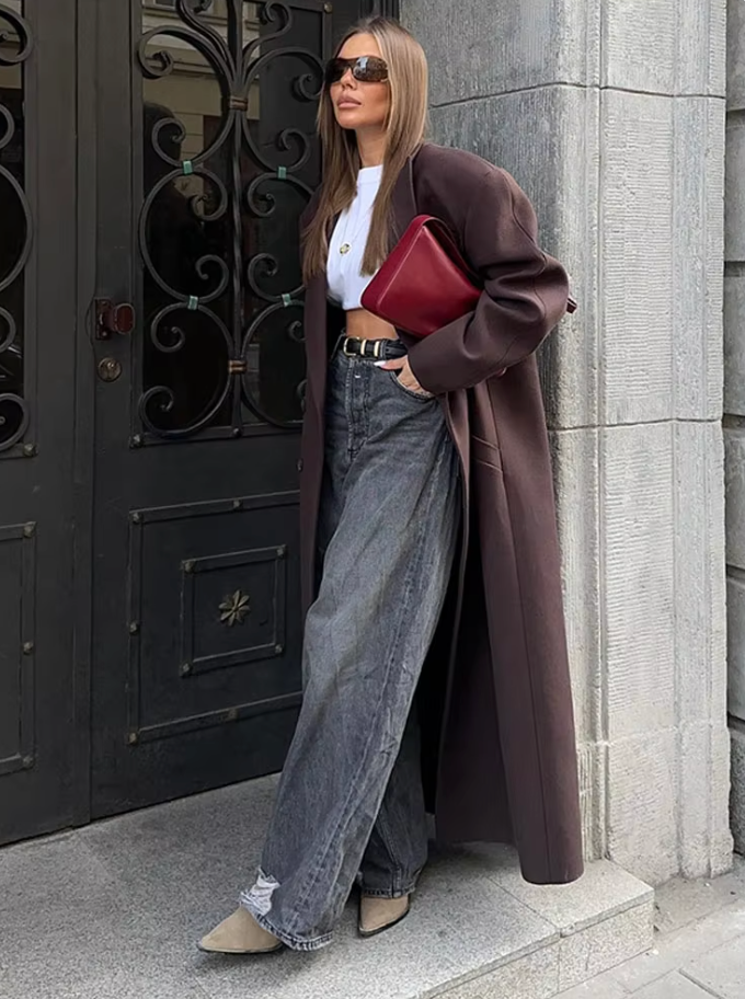 Manteau long femme marron à grand col, poches profondes
