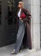 Manteau long femme marron à grand col, poches profondes