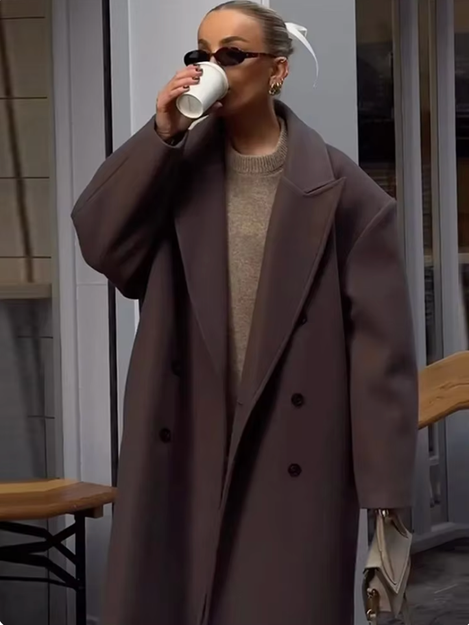 Manteau long femme marron à grand col, poches profondes