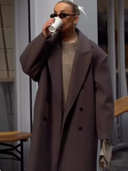 Manteau long femme marron à grand col, poches profondes