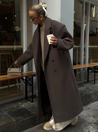 Manteau long femme marron à grand col, poches profondes