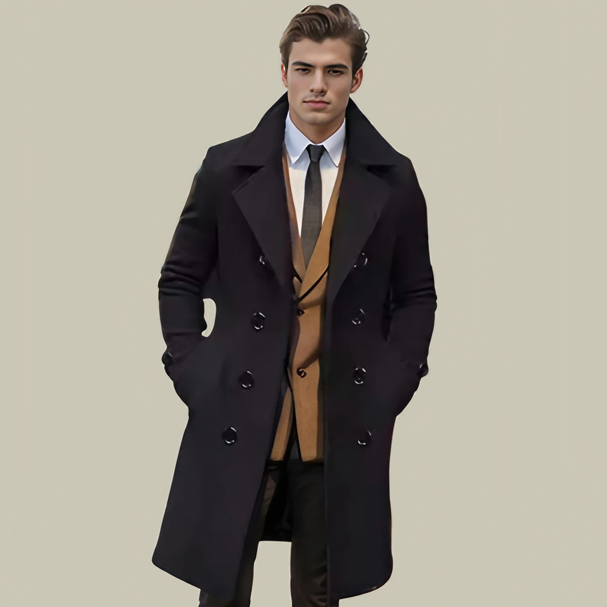 Manteau long homme, coupe habillée, noir, gris ou kaki