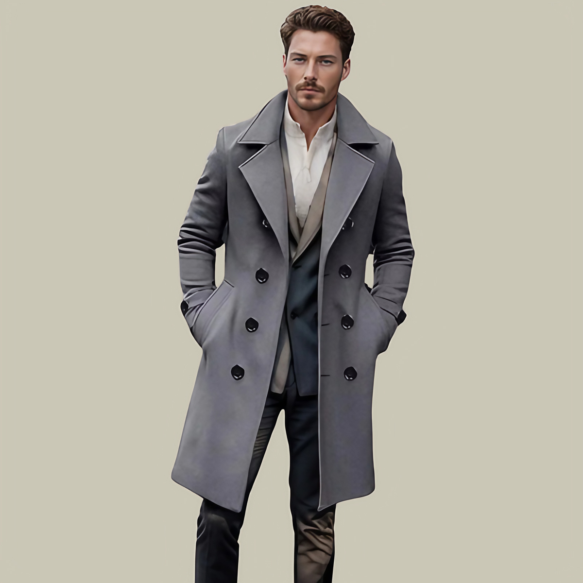 Manteau long homme, coupe habillée, noir, gris ou kaki, gris