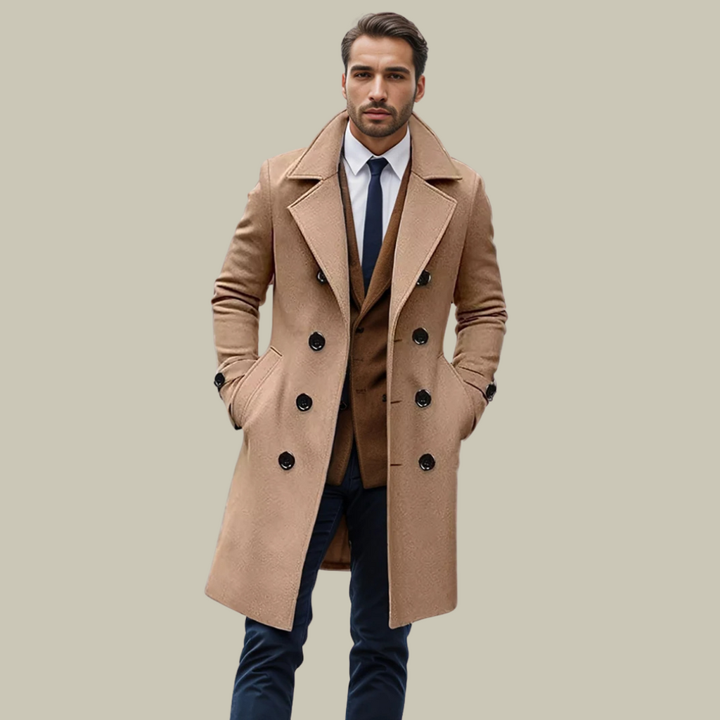 Manteau long homme, coupe habillée, noir, gris ou kaki, kaki