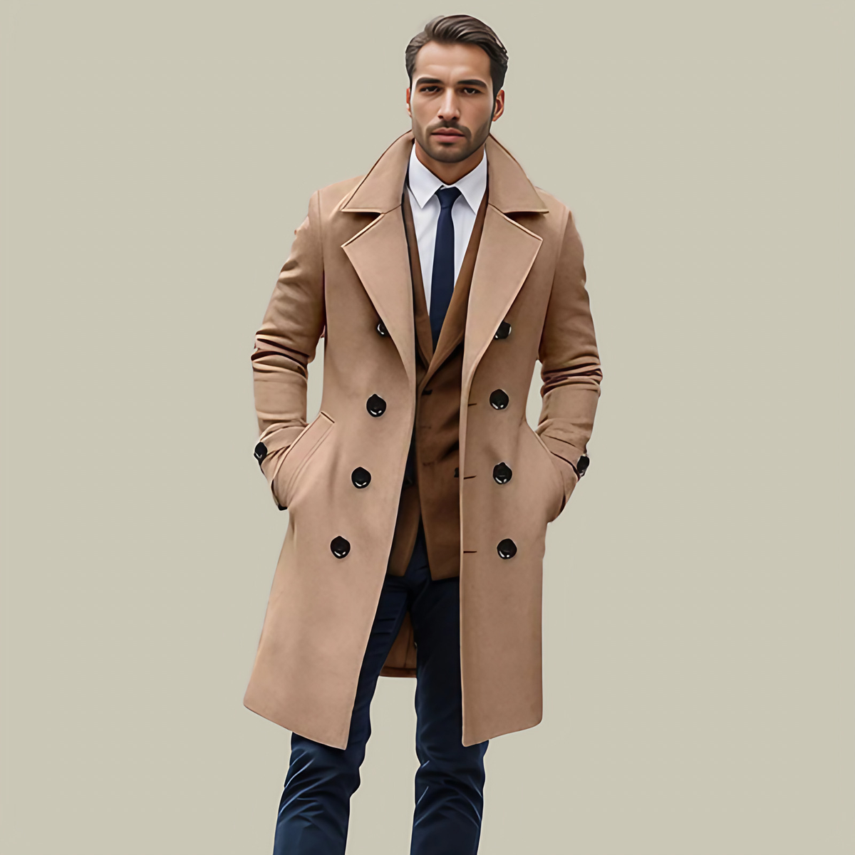Manteau long homme, coupe habillée, noir, gris ou kaki, kaki