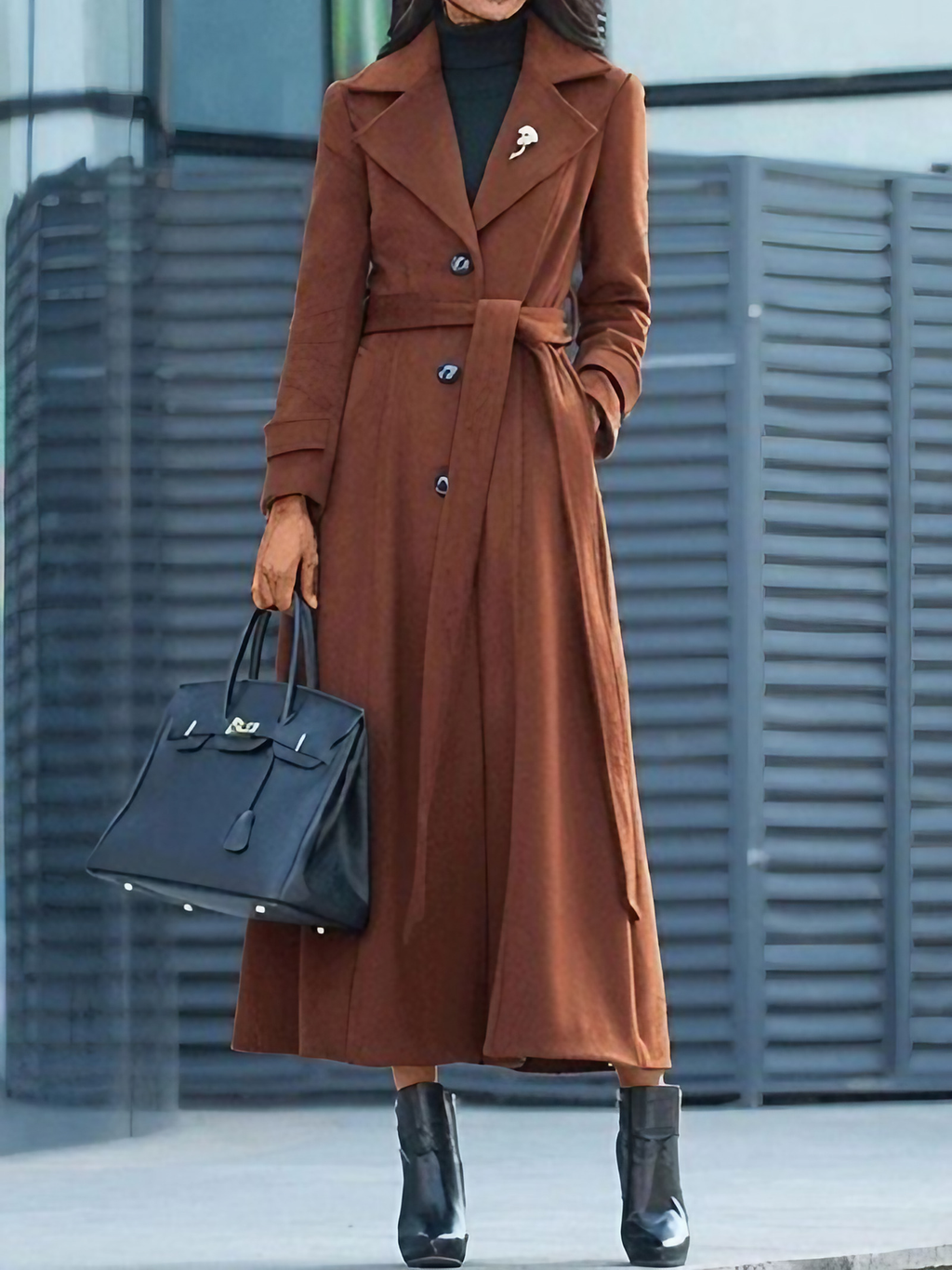 Manteau long femme ceinturé à col à revers, du XS au 2XL, marron