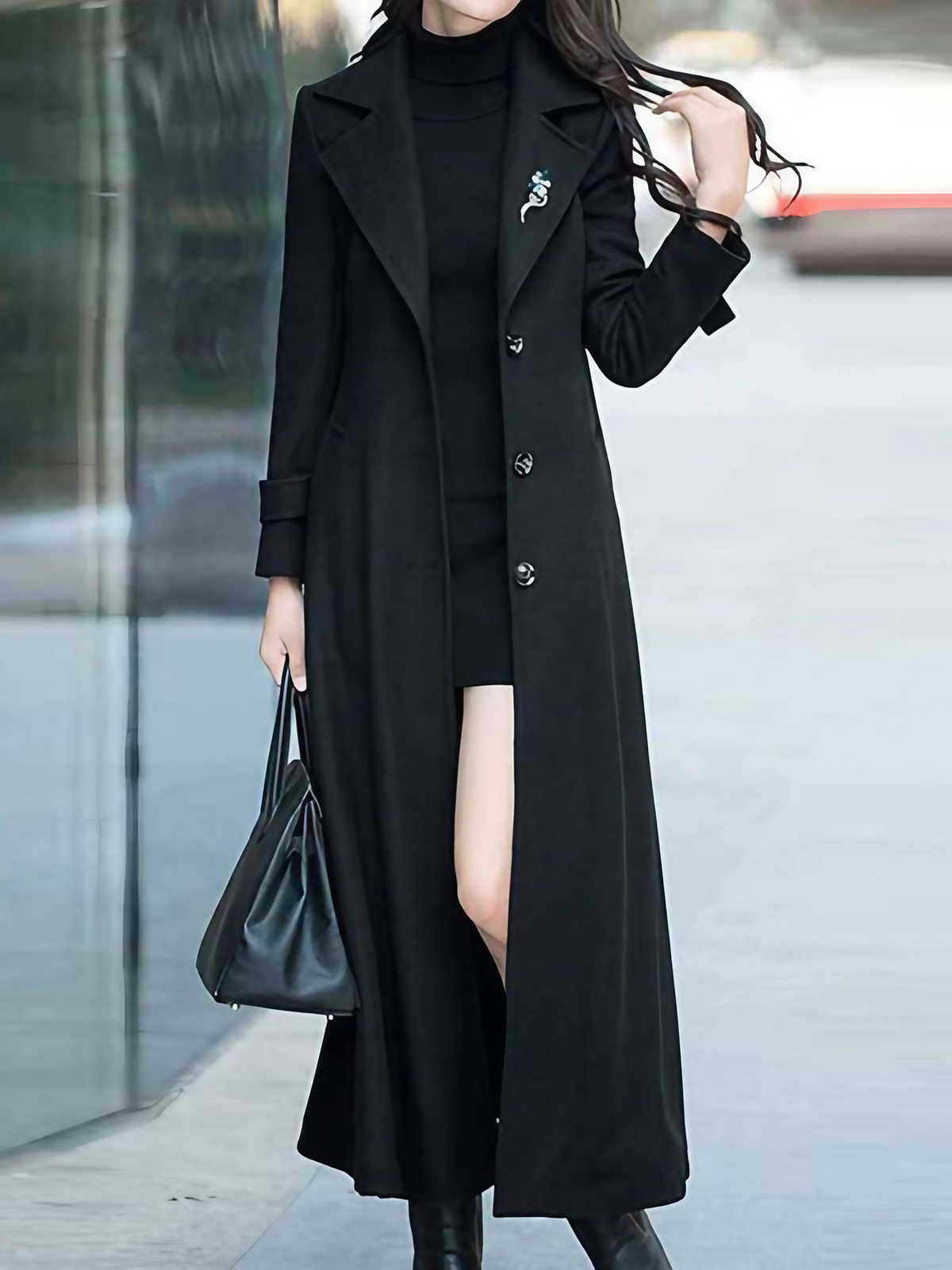 Manteau long femme ceinturé à col à revers, du XS au 2XL, noir