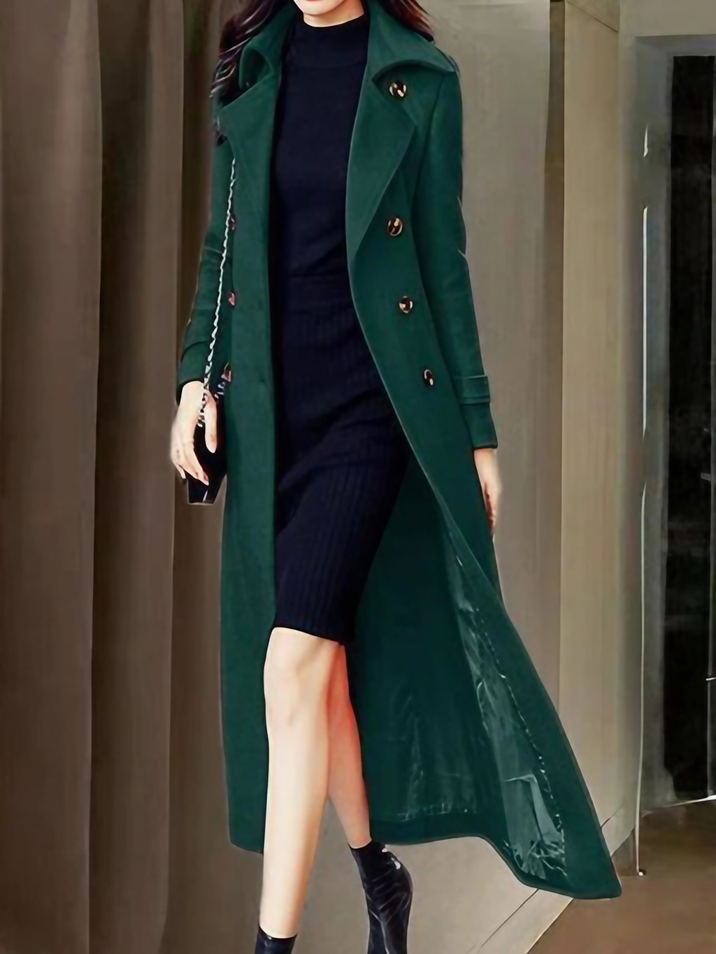 Manteau long femme ceinturé à col à revers, du XS au 2XL, vert