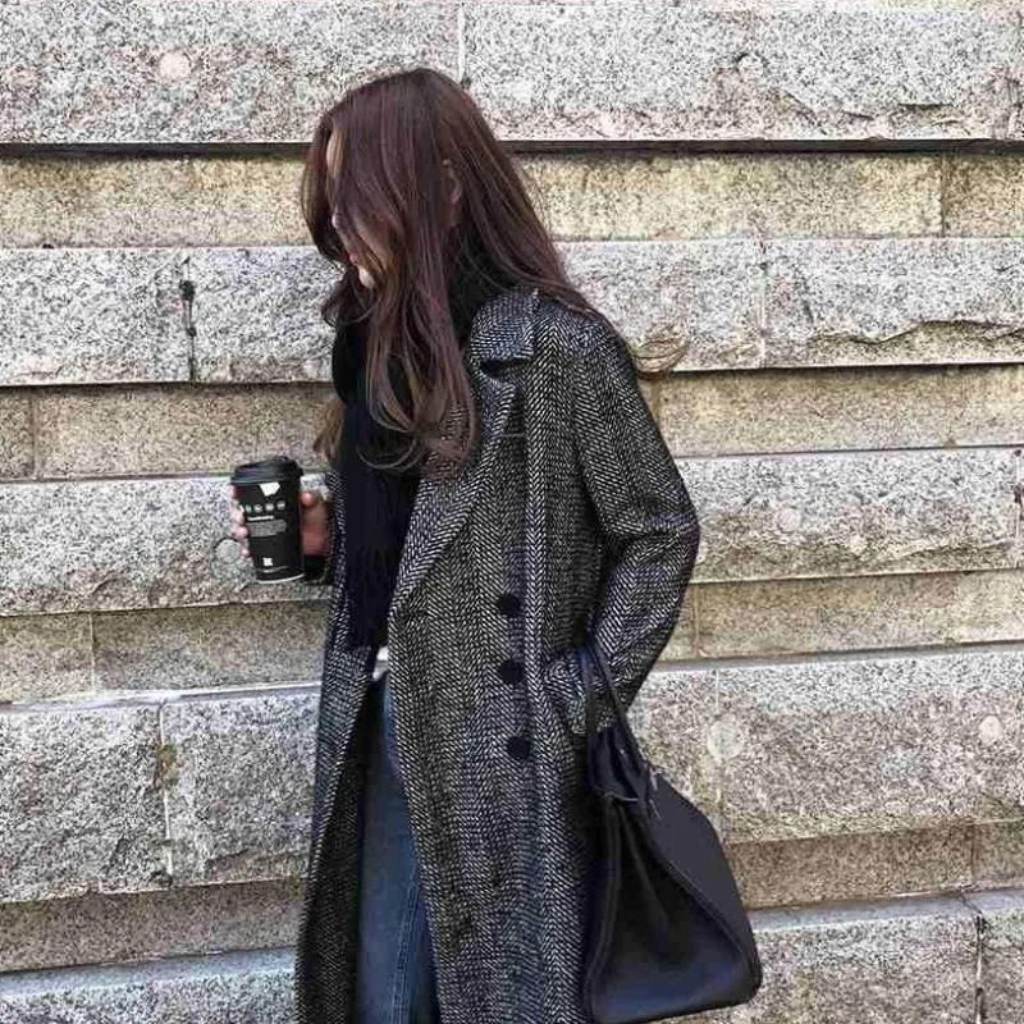 Manteau long femme à carreaux, gris, du XS au L
