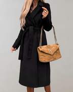 Manteau long femme ceinturé à col structuré, sept coloris, noir