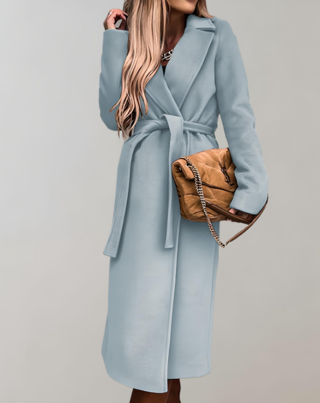 Manteau long femme ceinturé à col structuré, sept coloris