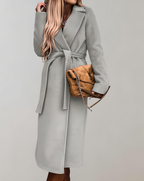 Manteau long femme ceinturé à col structuré, sept coloris, gris