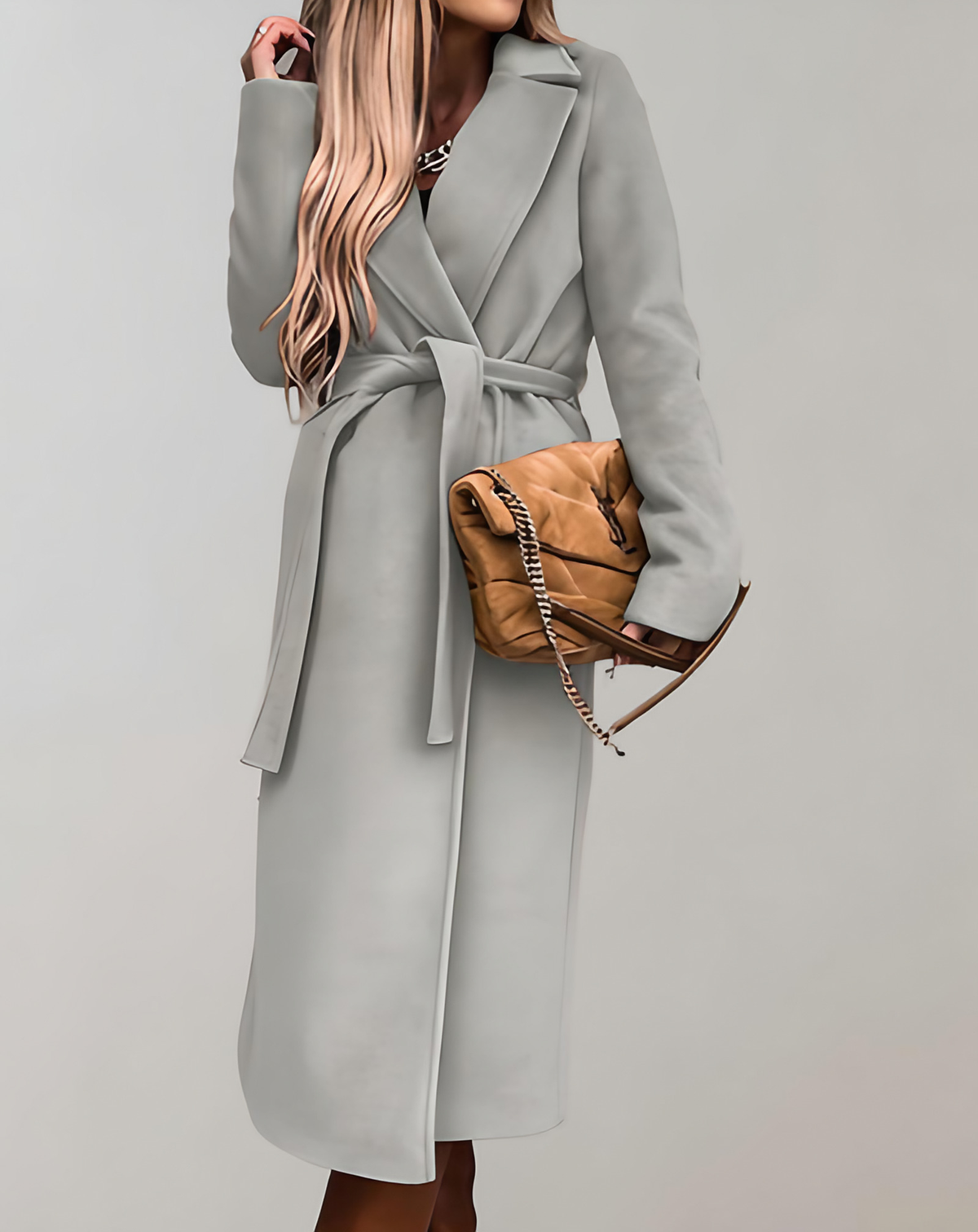 Manteau long femme ceinturé à col structuré, sept coloris, gris