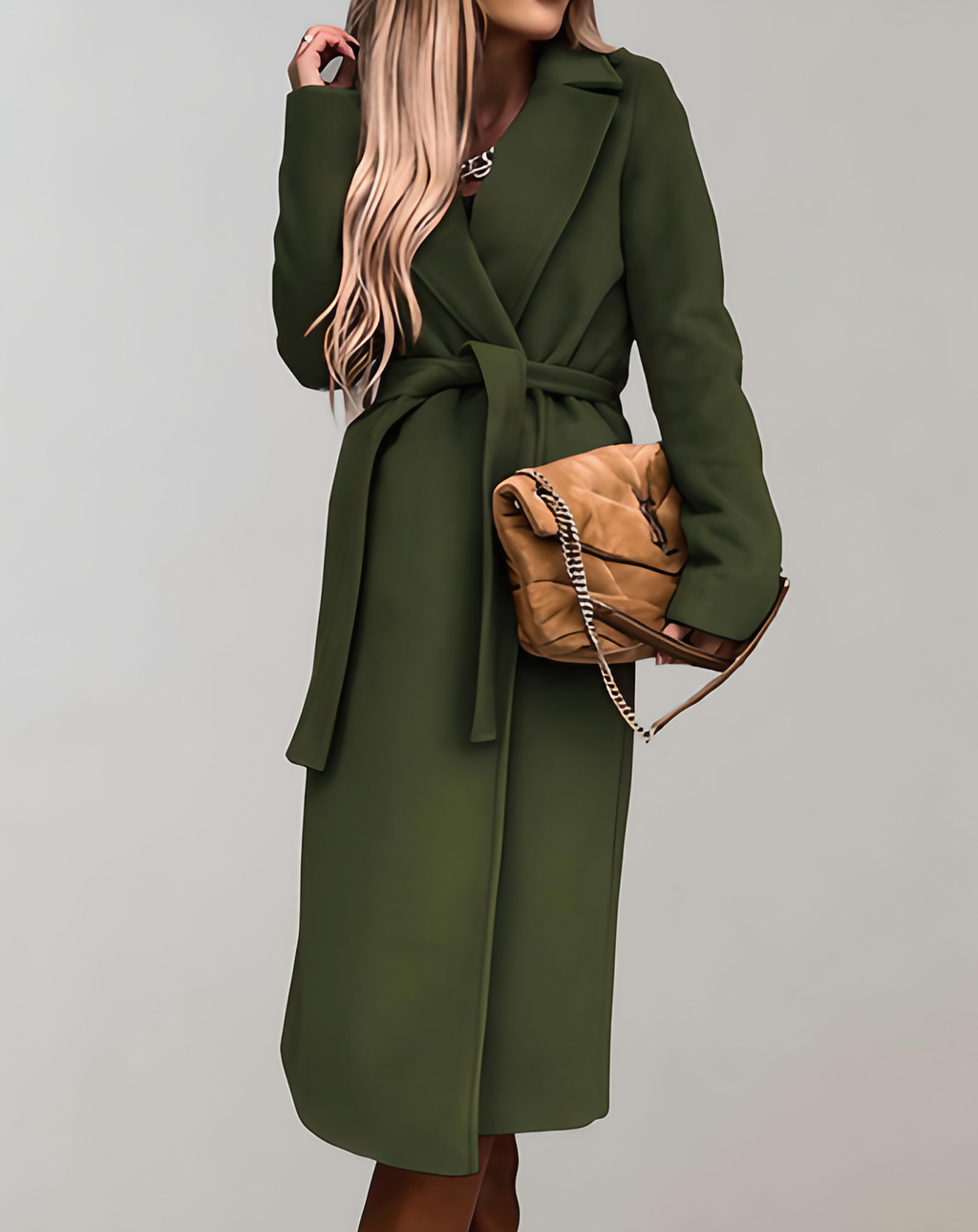 Manteau long femme ceinturé à col structuré, sept coloris, vert