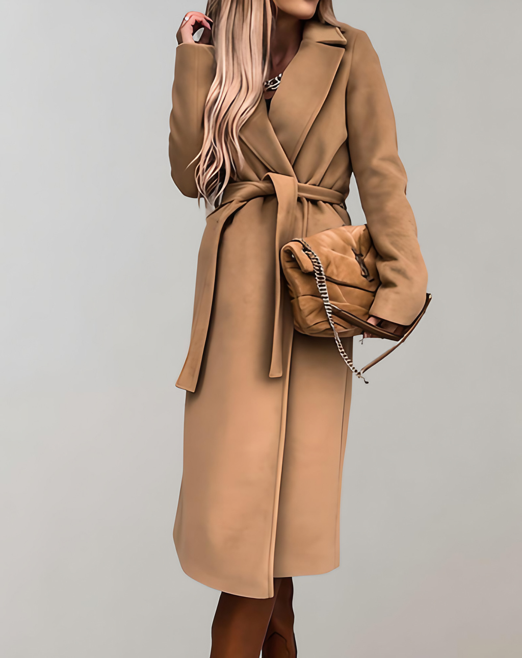 Manteau long femme ceinturé à col structuré, sept coloris, kaki
