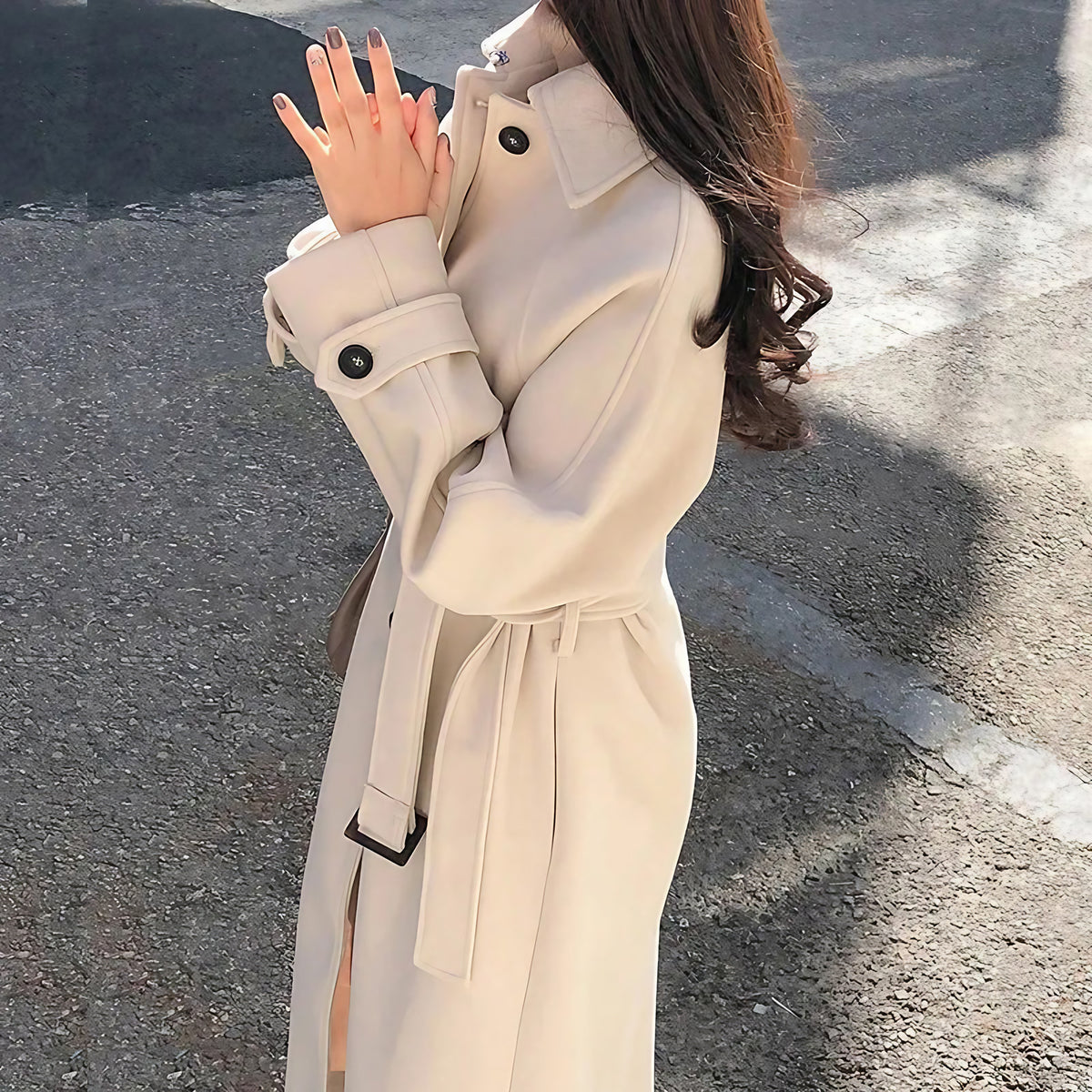 Manteau long femme coupe ajustée, kaki ou beige, du S au 2XL, beige