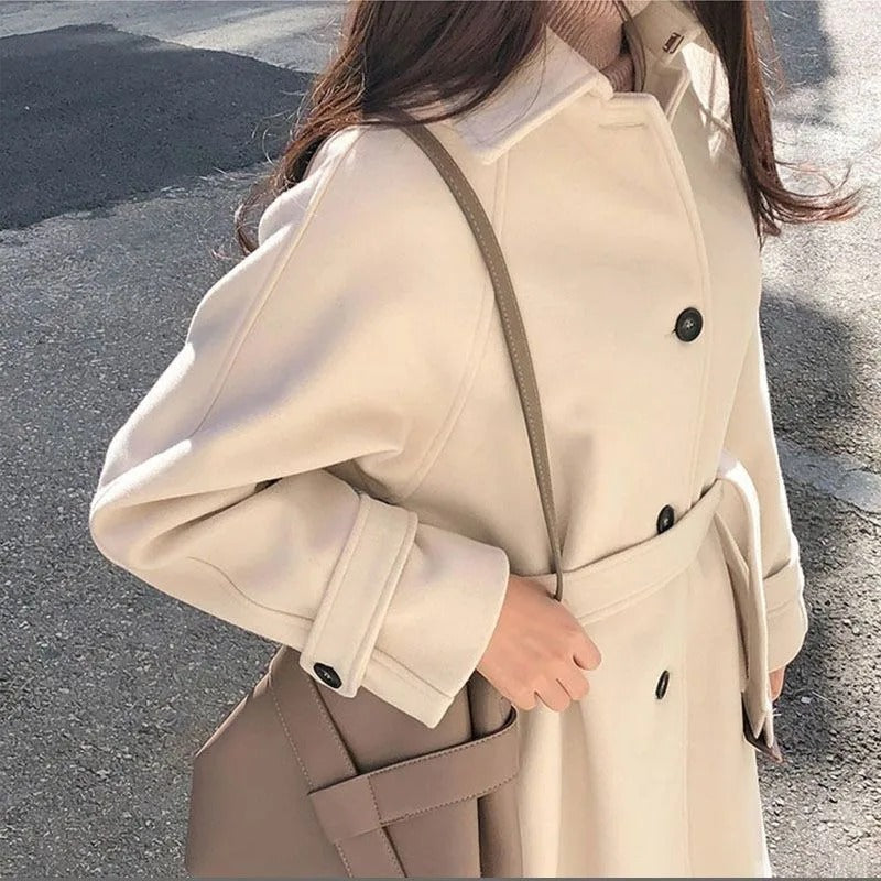 Manteau long femme coupe ajustée, kaki ou beige, du S au 2XL
