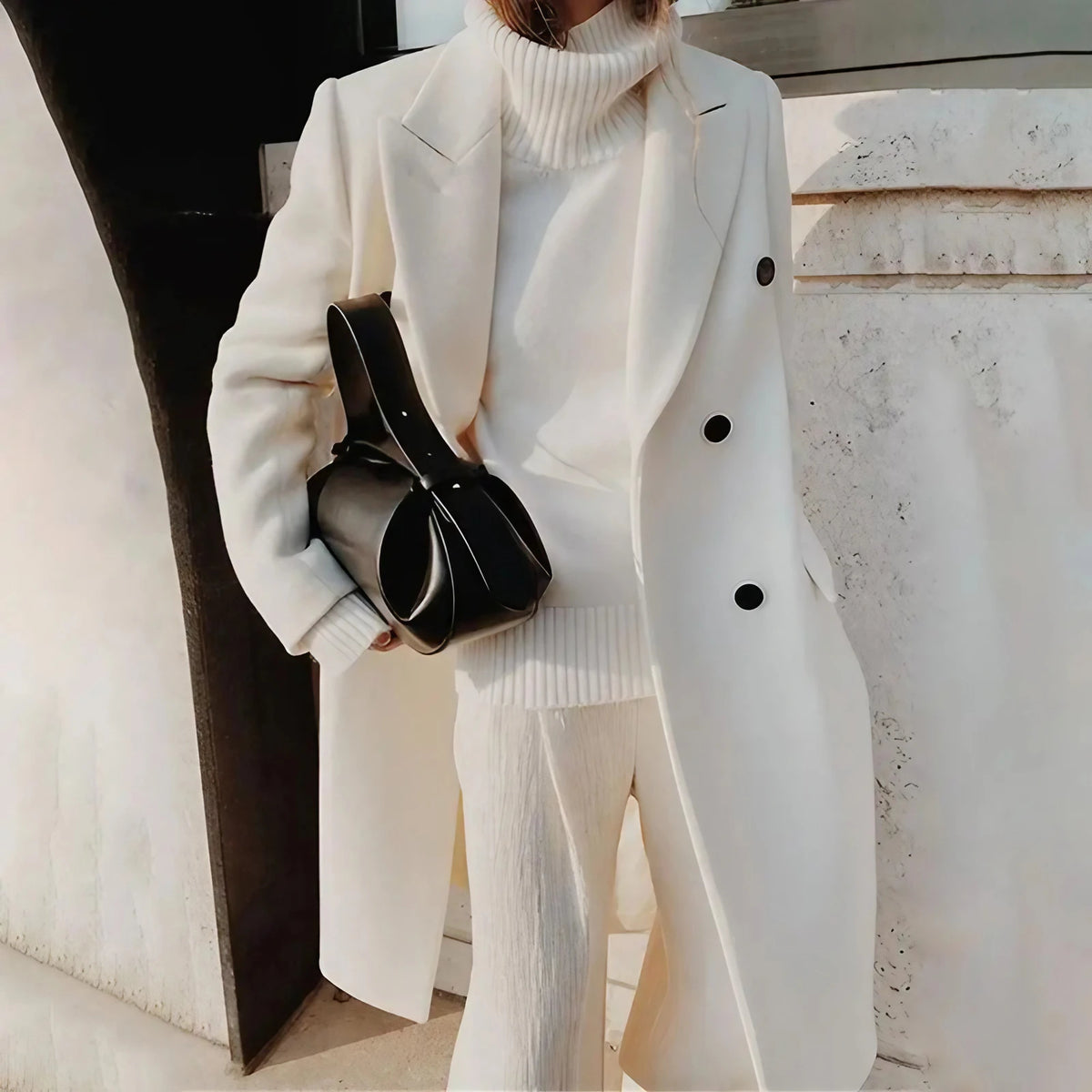 Manteau long femme ajusté à boutons cachés, kaki ou blanc