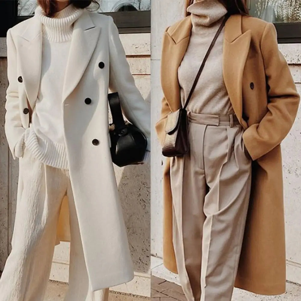 Manteau long femme ajusté à boutons cachés, kaki ou blanc