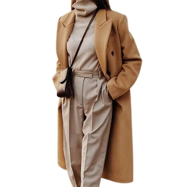 Manteau long femme ajusté à boutons cachés, kaki ou blanc
