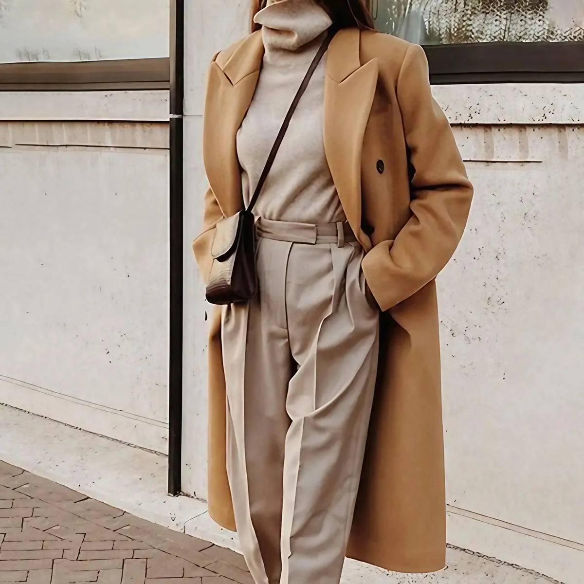 Manteau long femme ajusté à boutons cachés, kaki ou blanc, kaki