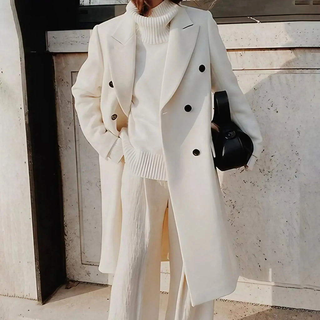 Manteau long femme ajusté à boutons cachés, kaki ou blanc, blanc