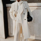 Manteau long femme ajusté à boutons cachés, kaki ou blanc, blanc