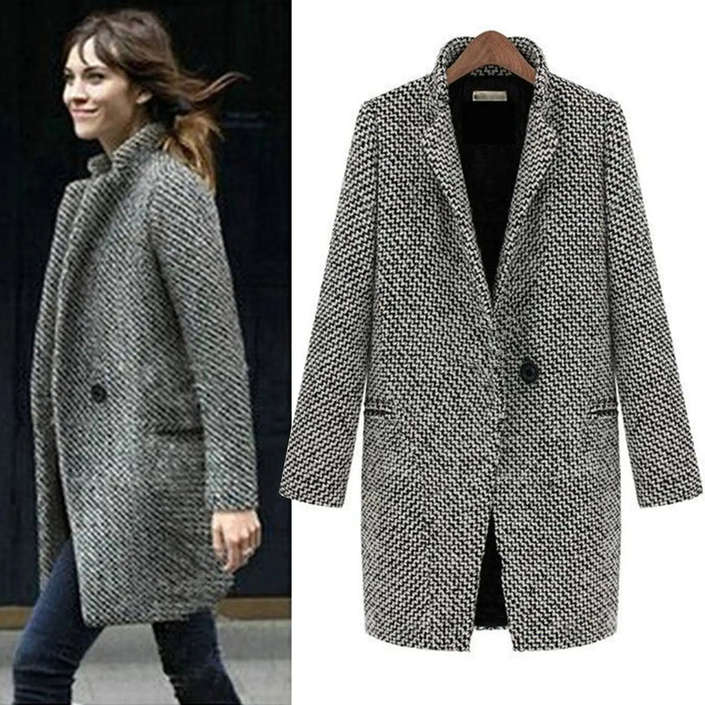 Manteau long femme ajusté noir et blanc, grandes poches