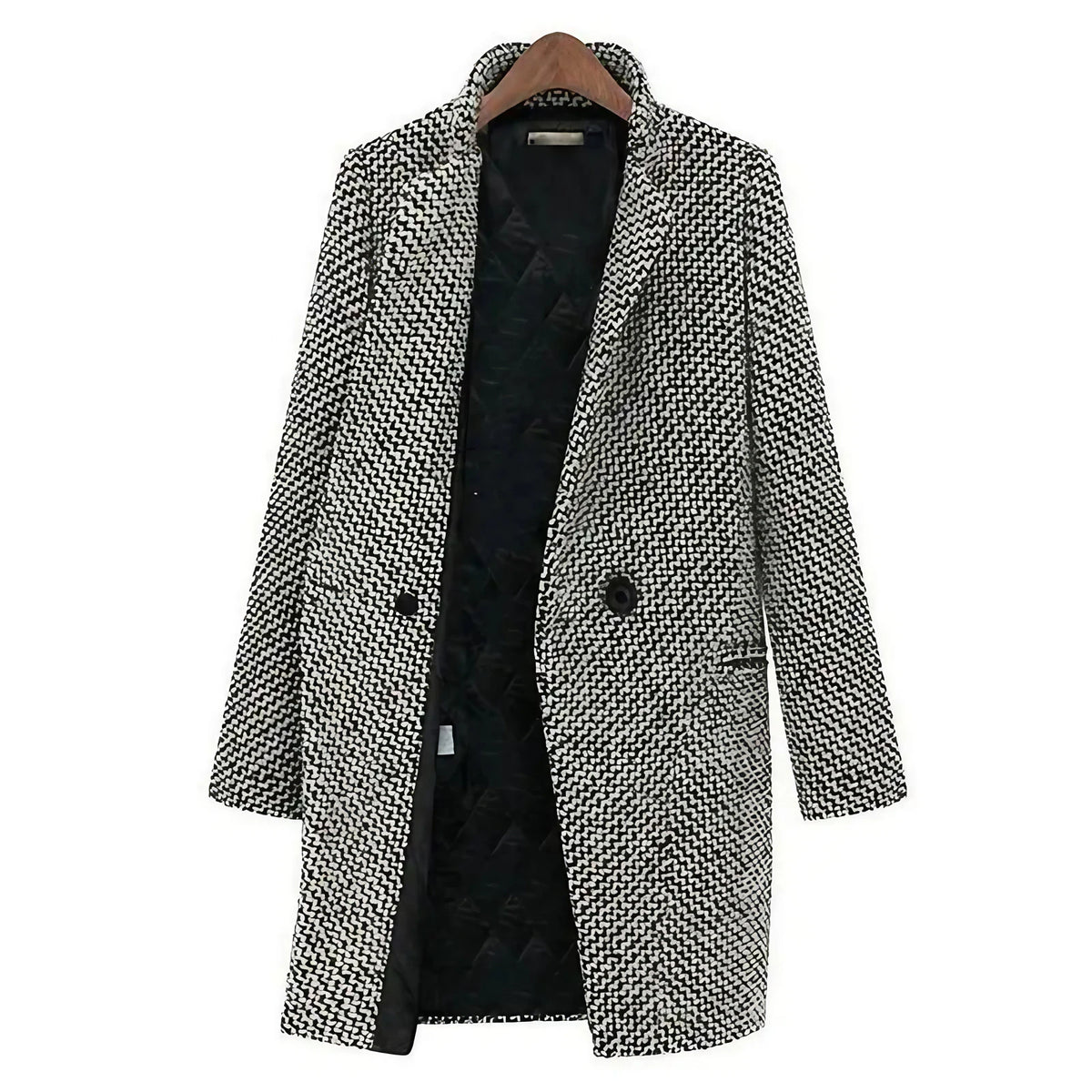 Manteau long femme ajusté noir et blanc, grandes poches, noir et blanc