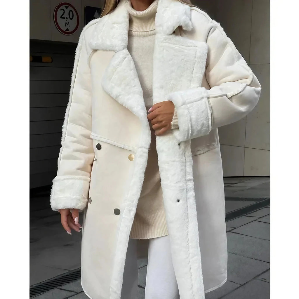 Manteau long femme à col haut et grandes poches, gris ou kaki