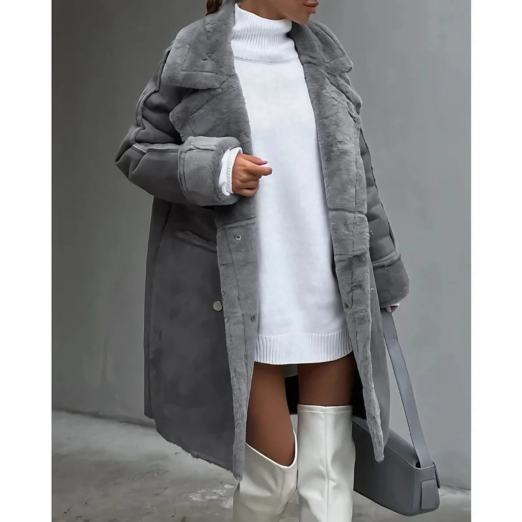 Manteau long femme à col haut et grandes poches, gris ou kaki, gris