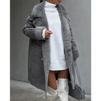 Manteau long femme à col haut et grandes poches, gris ou kaki, gris