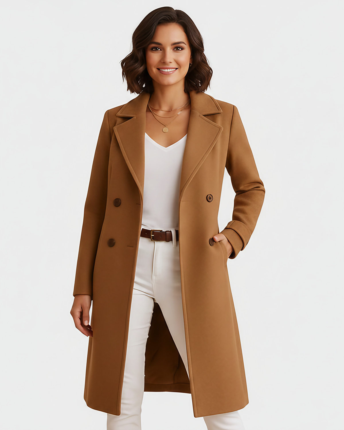 Manteau long femme à coupe structurée, noir, gris ou marron, marron