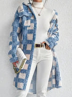 Manteau long femme à motif géométrique, bleu clair, bleu clair