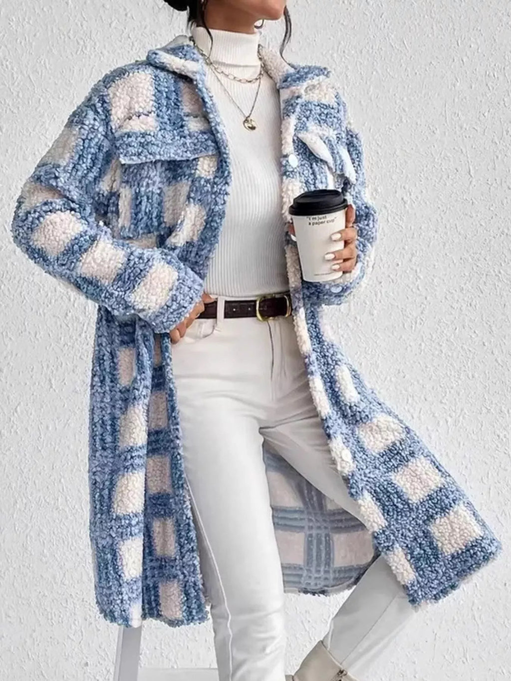 Manteau long femme à motif géométrique, bleu clair