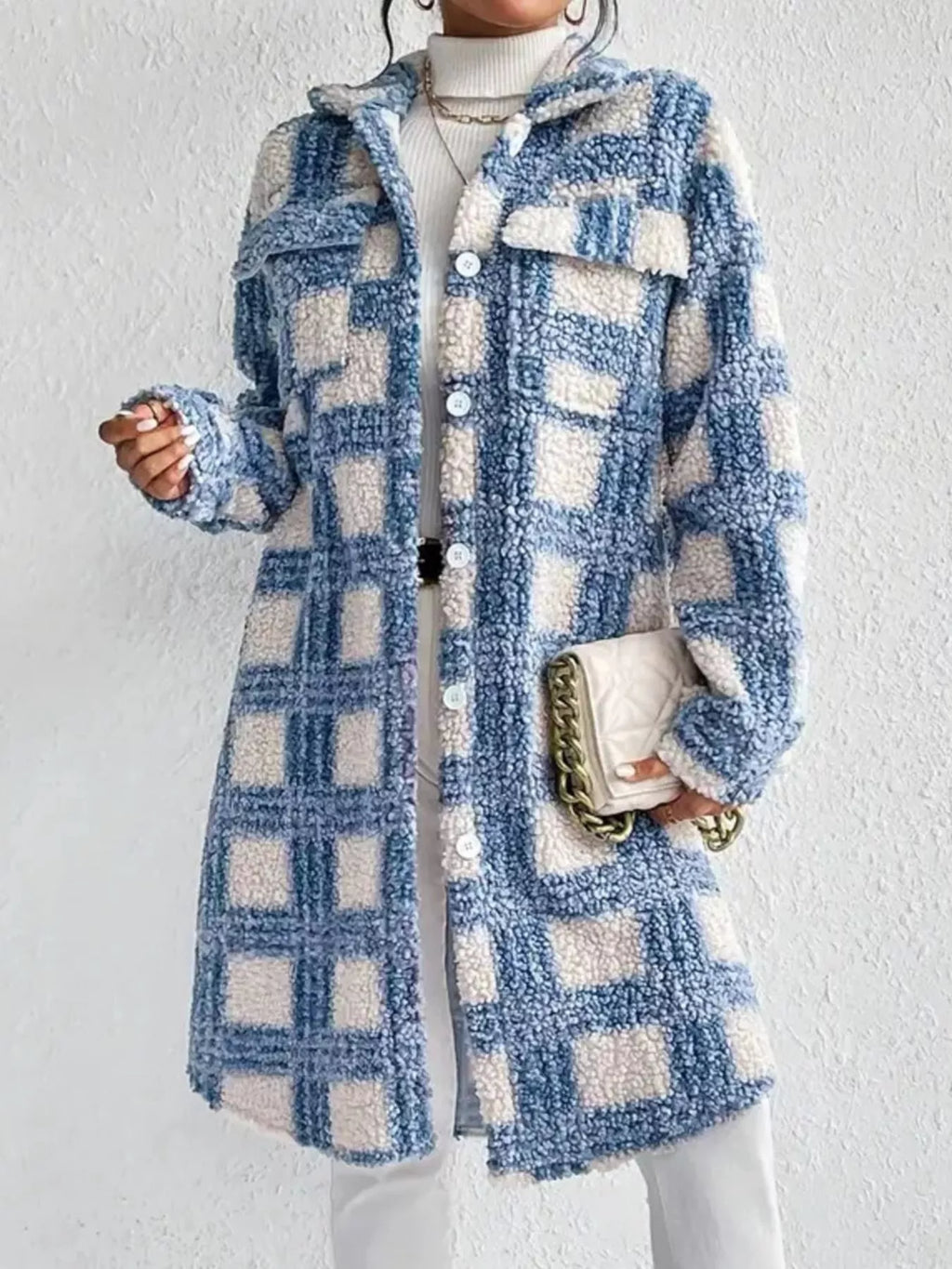 Manteau long femme à motif géométrique, bleu clair