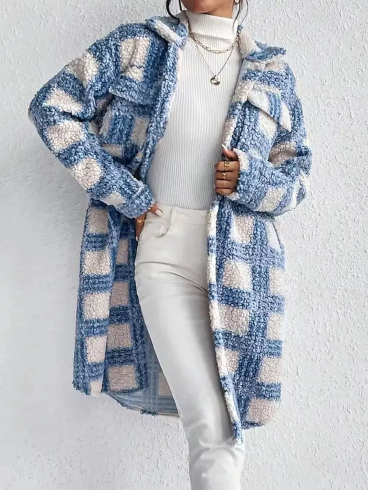 Manteau long femme à motif géométrique, bleu clair
