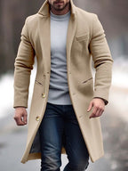 Manteau long homme d'hiver boutonné, coupe ajustée, à poches, beige