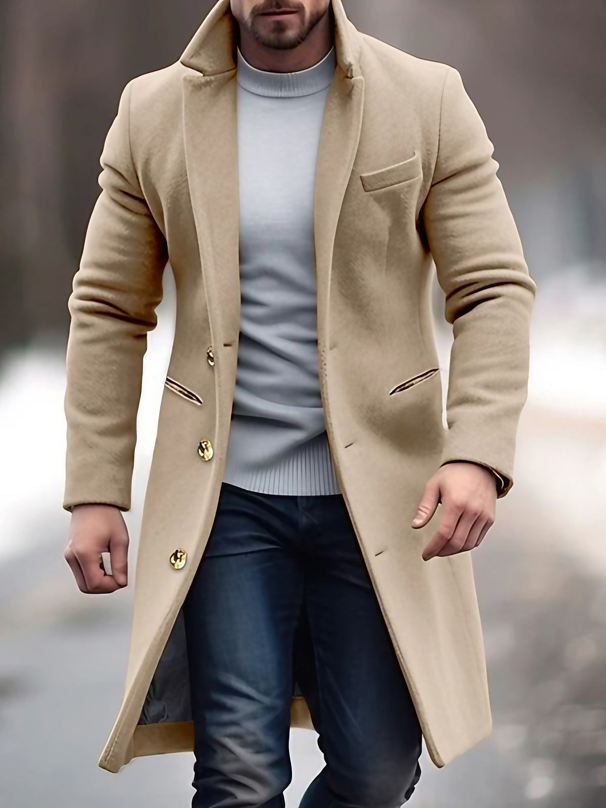 Manteau long homme d'hiver boutonné, coupe ajustée, à poches, beige