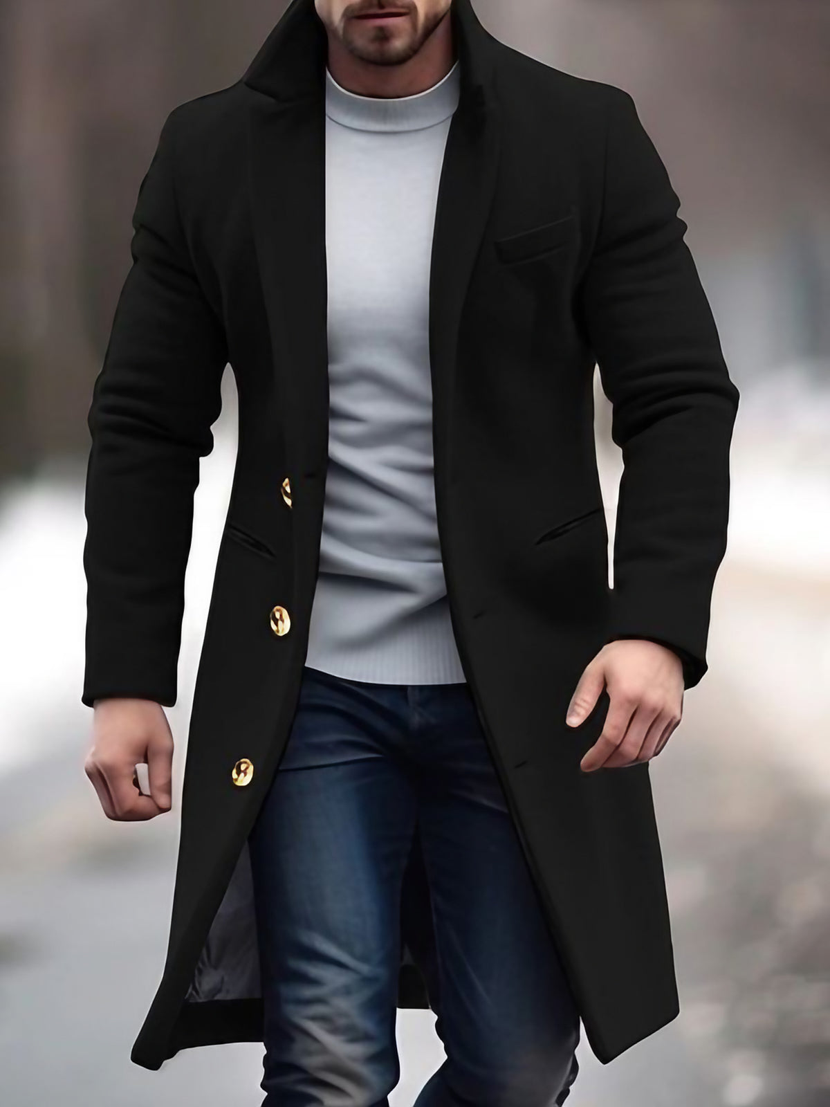 Manteau long homme d'hiver boutonné, coupe ajustée, à poches, noir