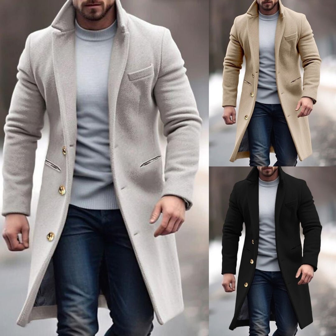 Manteau long homme d'hiver boutonné, coupe ajustée, à poches