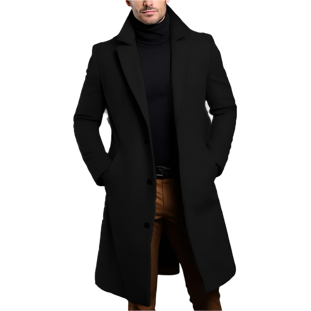 Manteau long homme d'hiver, col à revers, boutonné, noir