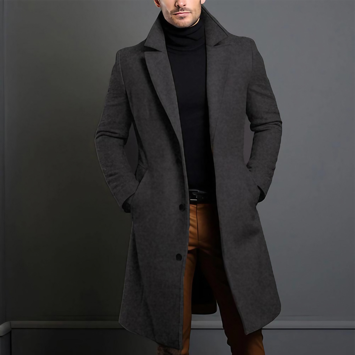 Manteau long homme d'hiver, col à revers, boutonné, gris