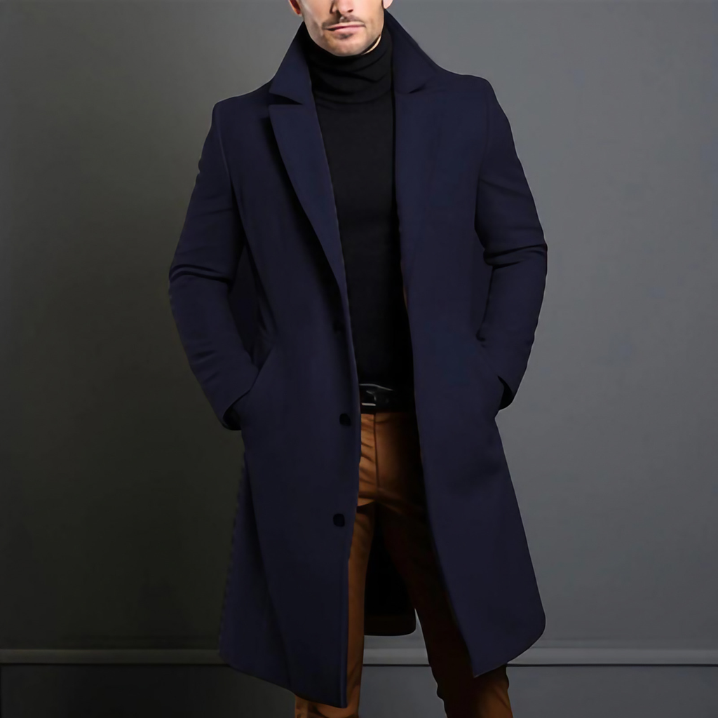Manteau long homme d'hiver, col à revers, boutonné, noir
