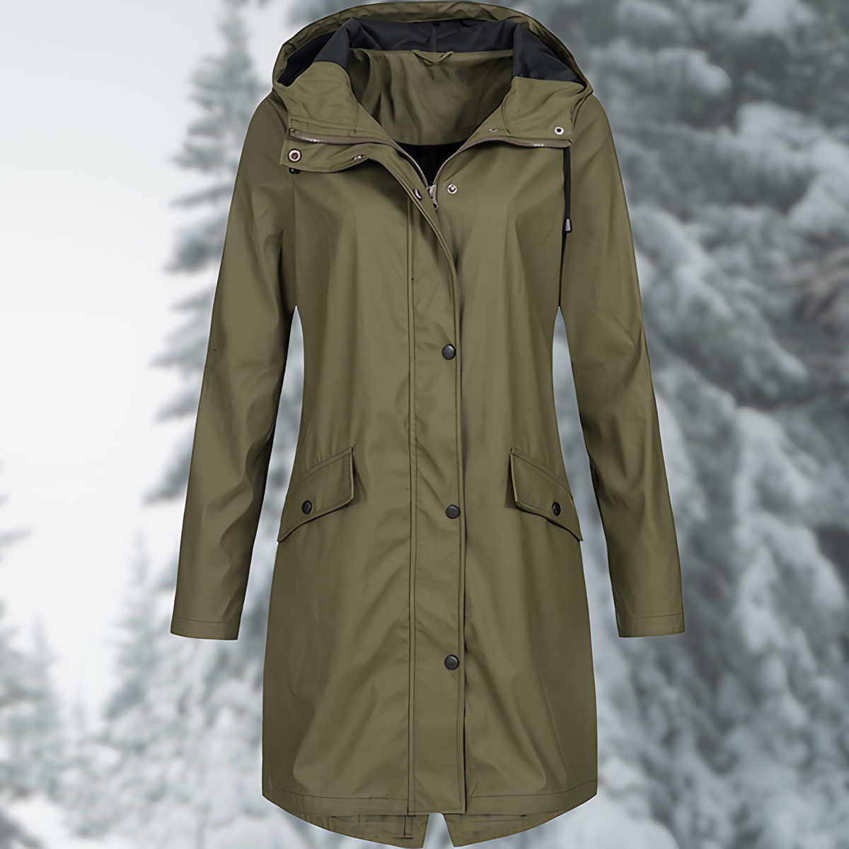 Manteau de pluie femme long à capuche réglable, vert foncé, vert foncé