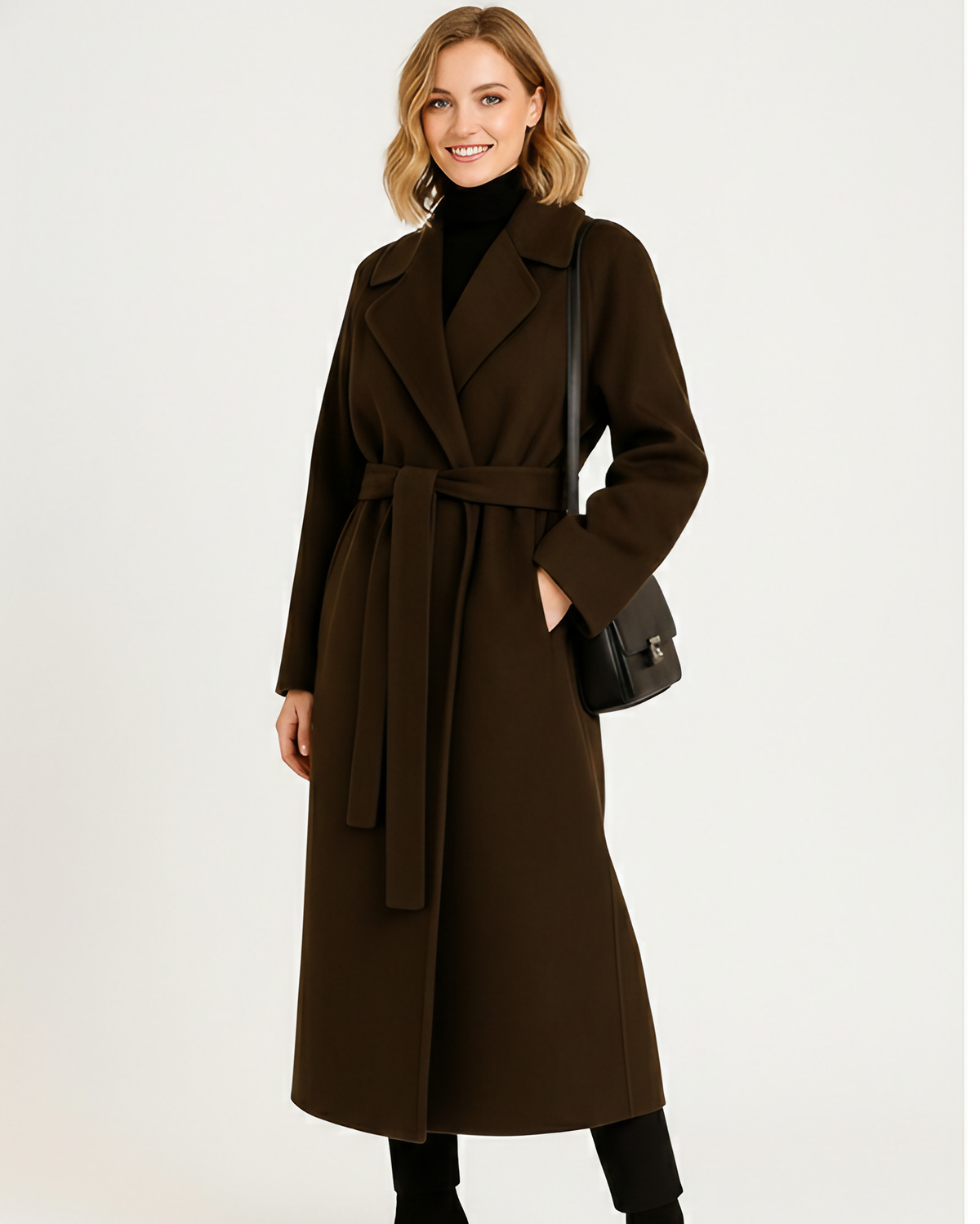 Manteau long femme cintré à col revers, doublé, XS au 3XL, marron