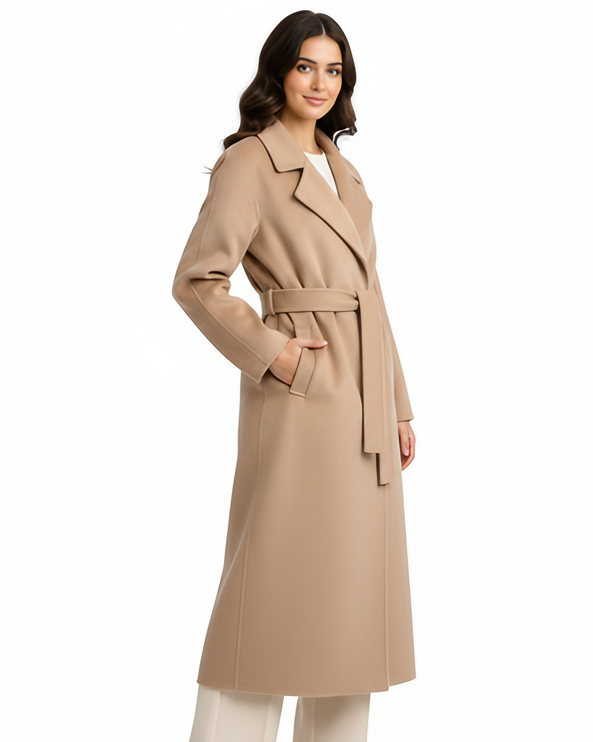 Manteau long femme cintré à col revers, doublé, XS au 3XL, crème