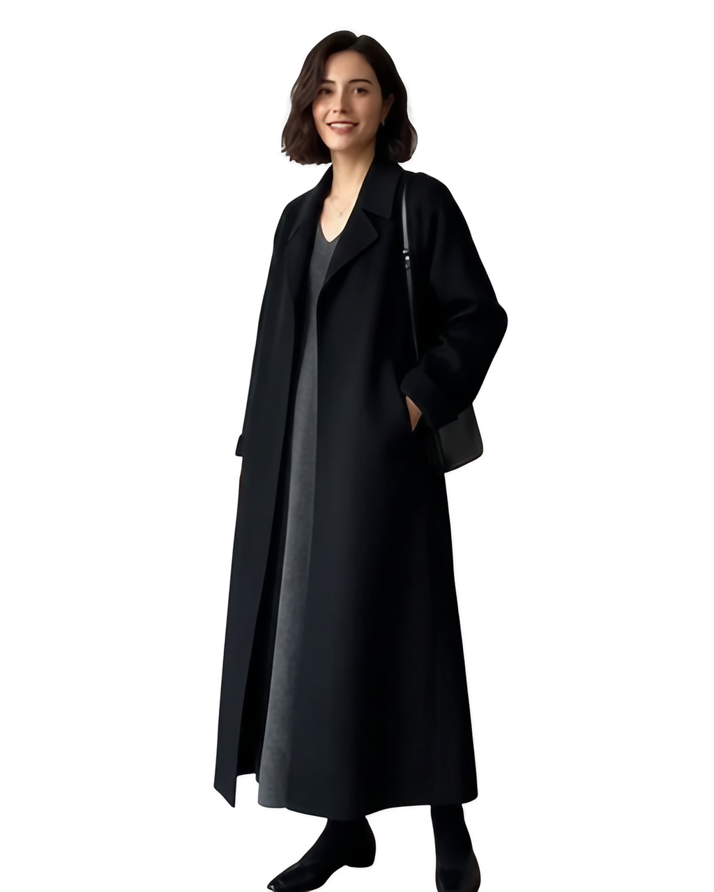 Manteau long femme cintré à col revers, doublé, XS au 3XL, noir