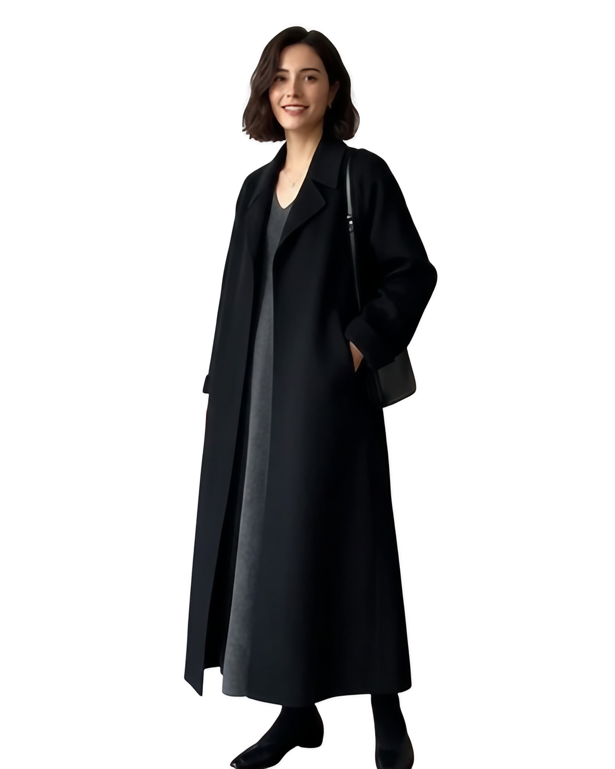 Manteau long femme cintré à col revers, doublé, XS au 3XL, noir