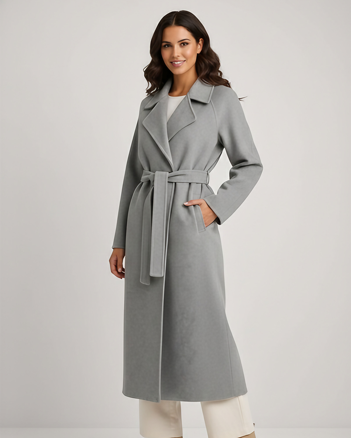 Manteau long femme cintré à col revers, doublé, XS au 3XL, gris